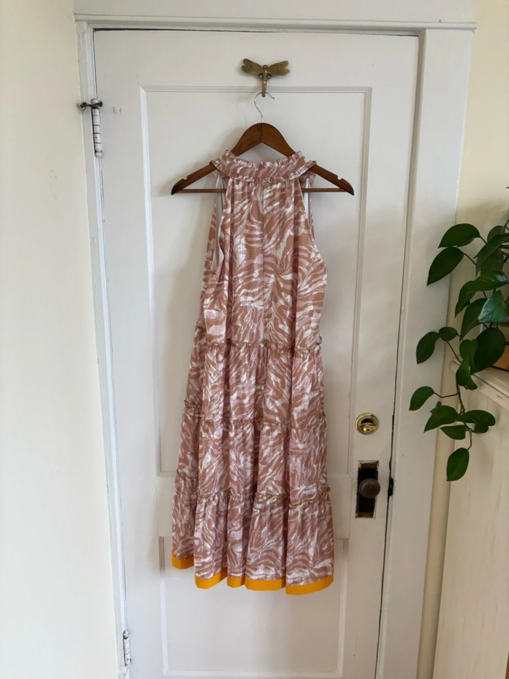 VOY Sleeveless Beige & Pink Patterned Midi Dress‎ with Yellow Trim Small
